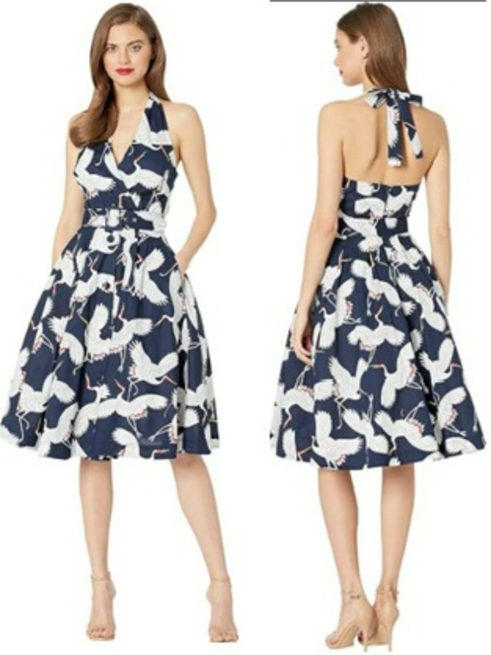 Unique Vintage Halter Crane Button Navy White Midi Dress Sz L - Picture 3 of 15